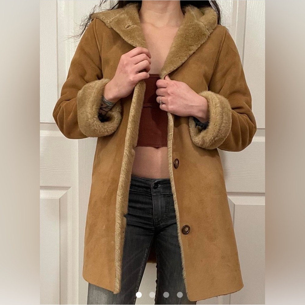 Vintage Y2K Gap Suede Hooded Winter Coat - Tan/Brown - Women’s XS / Girl’s XL
